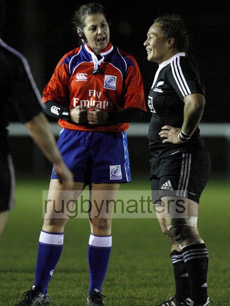 Referee Clare Daniels has discussion with Black Ferns Captain Fiao'o Fa'amausili. England v New Zealand in Autumn International Series at Army Rugby Stadium, Aldershot, 27th November 2012.