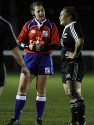 Referee Clare Daniels has discussion with Black Ferns Captain Fiao'o Fa'amausili. England v New Zealand in Autumn International Series at Army Rugby Stadium, Aldershot, 27th November 2012.