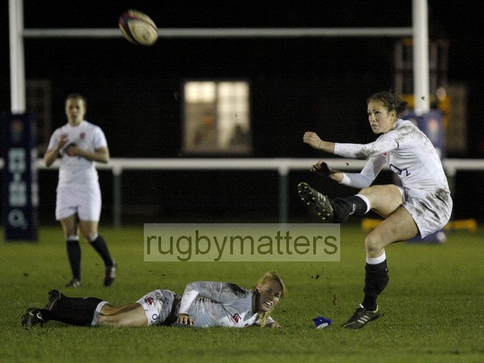 Emily Scarratt converts Jo Watmore's try. England v New Zealand in Autumn International Series at Army Rugby Stadium, Aldershot, 27th November 2012.