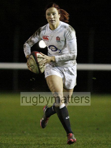 Jo Watmore as she runs in her try. England v New Zealand in Autumn International Series at Army Rugby Stadium, Aldershot, 27th November 2012.