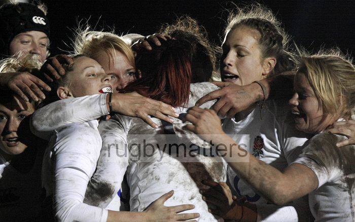 Celebrations with Joanne Watmore after she scored a try to surely secure the series win. England v New Zealand in Autumn International Series at Army Rugby Stadium, Aldershot, 27th November 2012.