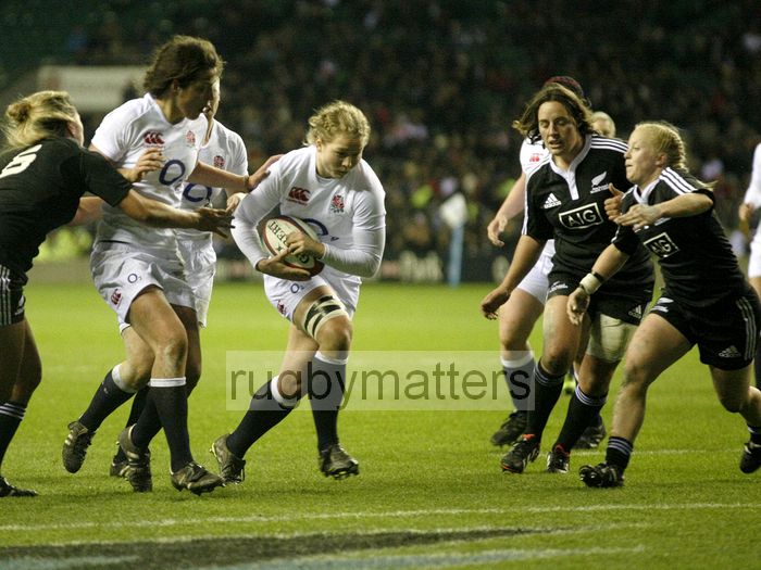 Roz Crowley powers towards the line to score a try. England v New Zealand in Autumn International Series at Twickenham, England on 1st December 2012.
