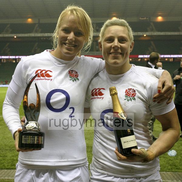 Michaela Staniford - IRB Female Player of the Year and Heather Fisher - Player of the Match.  England v New Zealand in Autumn International Series at Twickenham, England on 1st December 2012.