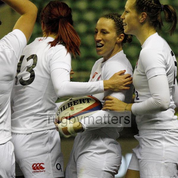 Celebrations after Kat Merchant sores a try. England v New Zealand in Autumn International Series at Twickenham, England on 1st December 2012.