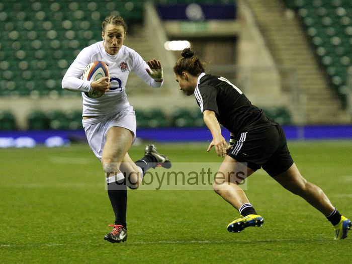 Kat Merchant races to score a try. England v New Zealand in Autumn International Series at Twickenham, England on 1st December 2012.