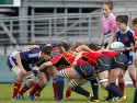 Referee Sarah Cox oversees a French scrum. FIRA-AER Womens Grand Prix 7s at Stadium Municipal,  Brive, 1st June 2013.