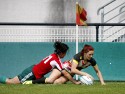 Jo Watmore scores a try for England. FIRA-AER Womens Grand Prix 7s at Stadium Municipal,  Brive, 1st June 2013.