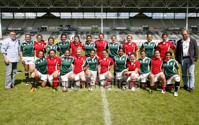 Portugal and Wales after competing in the Bowl final and Portugal winning. FIRA-AER Womens Grand Prix 7s at Stadium Municipal,  Brive, 2nd June 2013.