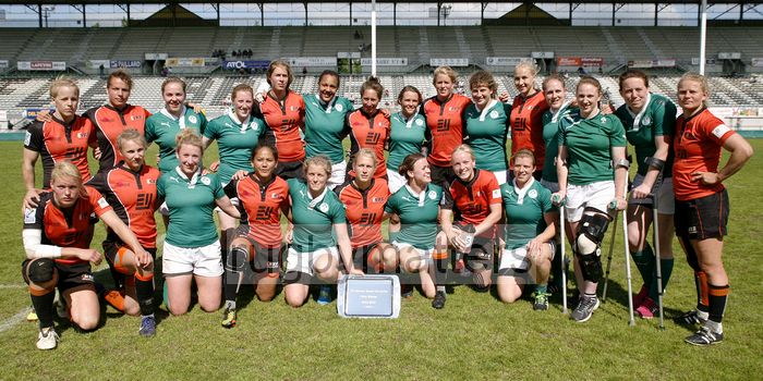 Ireland and Netherlands after competing in the Plate final and Ireland winning. FIRA-AER Womens Grand Prix 7s at Stadium Municipal,  Brive, 2nd June 2013.