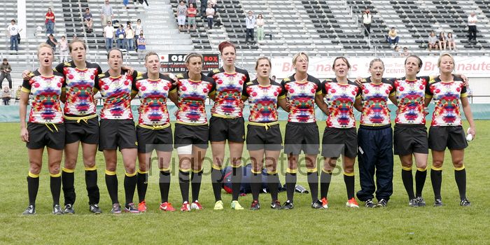 England line up for their anthem before the Cup Final. FIRA-AER Womens Grand Prix 7s at Stadium Municipal,  Brive, 2nd June 2013.