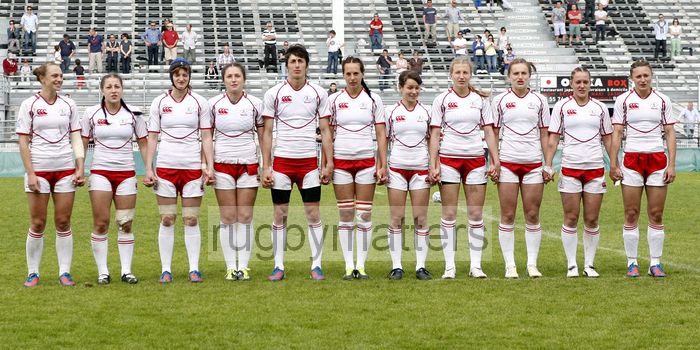 Russia line up for their anthem before the Cup Final. FIRA-AER Womens Grand Prix 7s at Stadium Municipal,  Brive, 2nd June 2013.