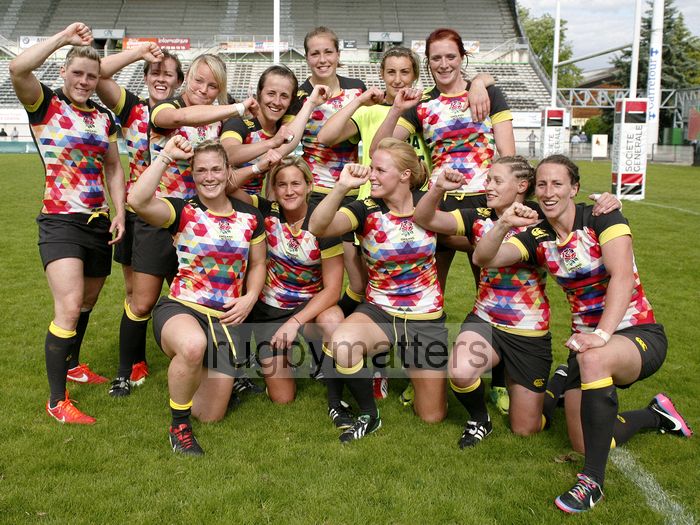 England team after the final whistle blew and they won the Cup Final. FIRA-AER Womens Grand Prix 7s at Stadium Municipal,  Brive, 2nd June 2013.
