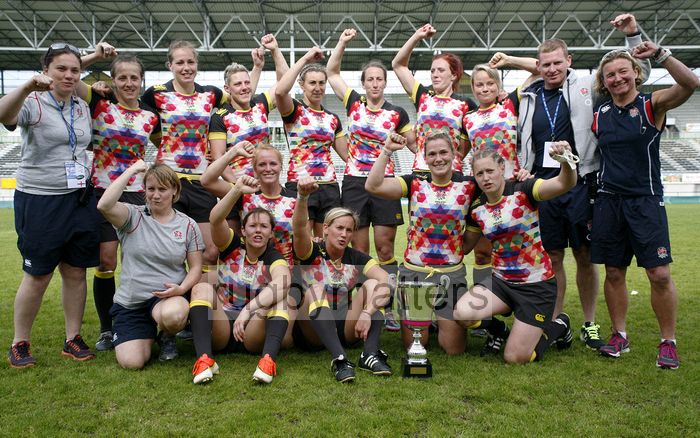 The whole England team with the Cup Trophy. FIRA-AER Womens Grand Prix 7s at Stadium Municipal,  Brive, 2nd June 2013.