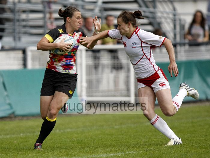 Kat Merchant in action for England. FIRA-AER Womens Grand Prix 7s at Stadium Municipal,  Brive, 2nd June 2013.