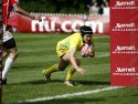 Emilee Cherry scoring a try for Australia 33 - 7 Russia, Cup Quarter Final. Womens International Invitational tournament at the Marriott London Sevens. At Cardinal Vaughan and Twickenham Stadium, Whitton Road, Twickenham. On 12th May 2013.