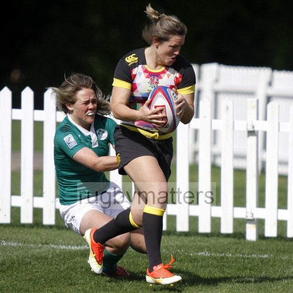 Marlie Packer in action for England. Womens International Invitational tournament at the Marriott London Sevens. At Cardinal Vaughan and Twickenham Stadium, Whitton Road, Twickenham. On 12th May 2013.