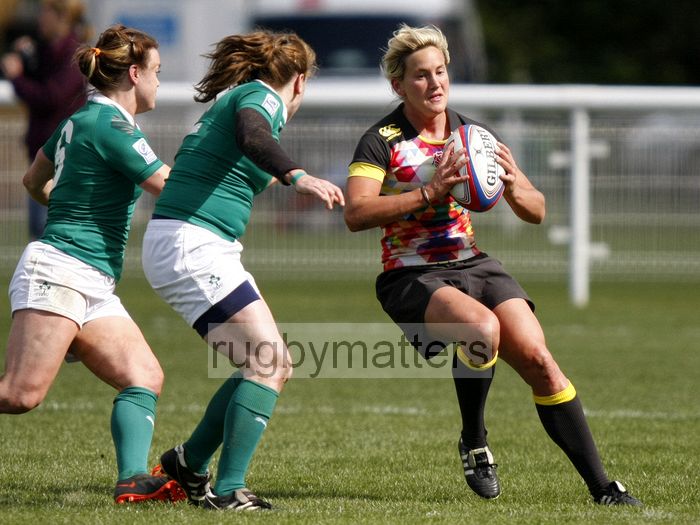 Claire Allan in action for England 12 - 0 Ireland, Cup Quarter Final. Womens International Invitational tournament at the Marriott London Sevens. At Cardinal Vaughan and Twickenham Stadium, Whitton Road, Twickenham. On 12th May 2013.