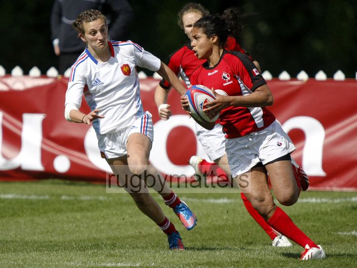 Magali Harvey in action for Canada 12 - 5 France. Cup Quarter Final. Womens International Invitational tournament at the Marriott London Sevens. At Cardinal Vaughan and Twickenham Stadium, Whitton Road, Twickenham. On 12th May 2013.