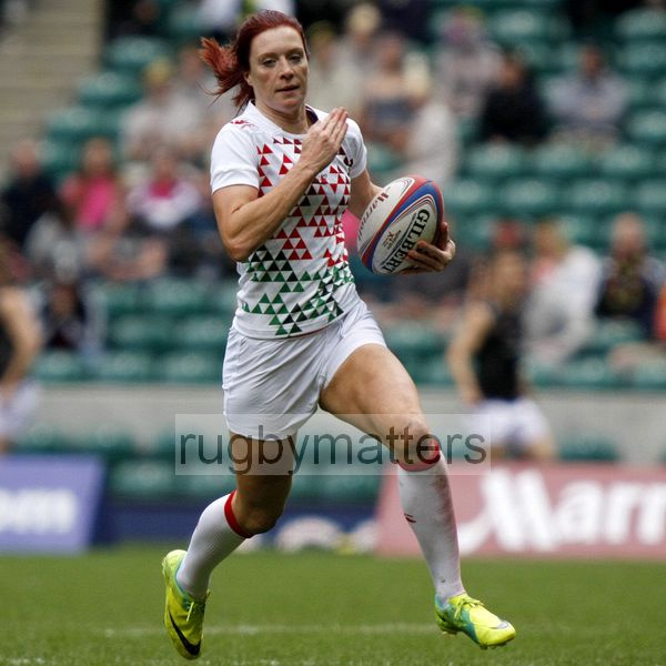 Jo Watmore in action for England. Womens International Invitational tournament at the Marriott London Sevens. At Cardinal Vaughan and Twickenham Stadium, Whitton Road, Twickenham. On 12th May 2013.