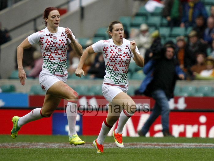 Jo Watmore and Marlie Packer chase down a loose ball. Womens International Invitational tournament at the Marriott London Sevens. At Cardinal Vaughan and Twickenham Stadium, Whitton Road, Twickenham. On 12th May 2013.
