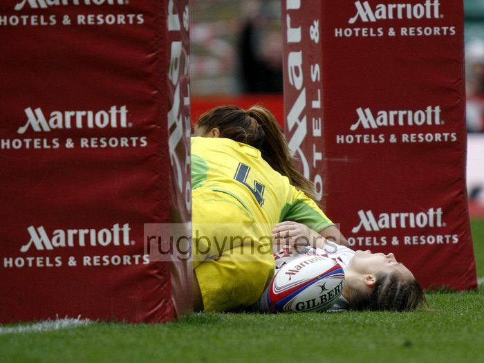 Marlie Packer takes a moment after scoring a try. Womens International Invitational tournament at the Marriott London Sevens. At Cardinal Vaughan and Twickenham Stadium, Whitton Road, Twickenham. On 12th May 2013.