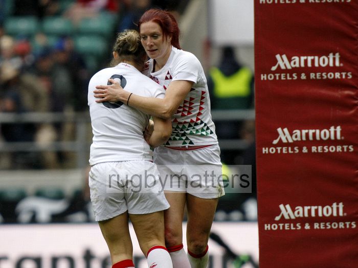 Jo Watmore congratulates Marlie Packer after she scored a try. Womens International Invitational tournament at the Marriott London Sevens. At Cardinal Vaughan and Twickenham Stadium, Whitton Road, Twickenham. On 12th May 2013.