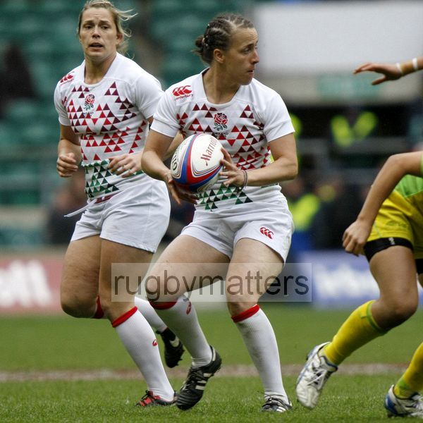 Katy McLean in action for England. . Womens International Invitational tournament at the Marriott London Sevens. At Cardinal Vaughan and Twickenham Stadium, Whitton Road, Twickenham. On 12th May 2013.