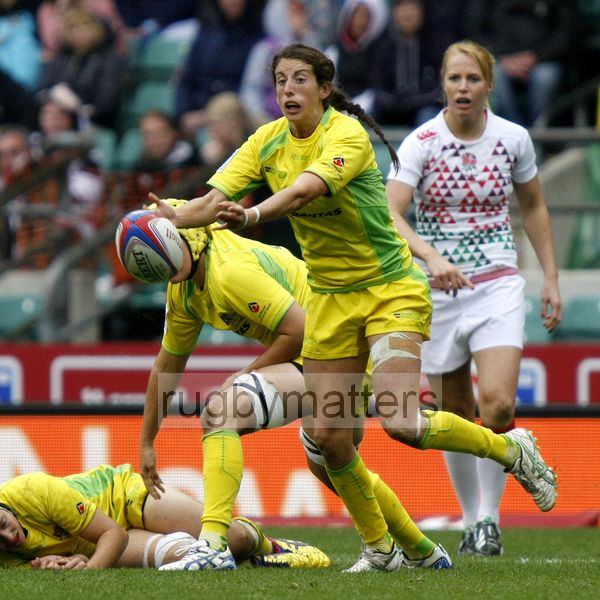 Alicia Quirk in action for Australia.  Womens International Invitational tournament at the Marriott London Sevens. At Cardinal Vaughan and Twickenham Stadium, Whitton Road, Twickenham. On 12th May 2013.