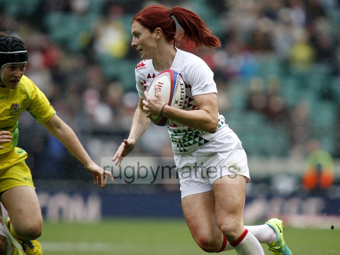 Jo Watmore in action for England. Womens International Invitational tournament at the Marriott London Sevens. At Cardinal Vaughan and Twickenham Stadium, Whitton Road, Twickenham. On 12th May 2013.