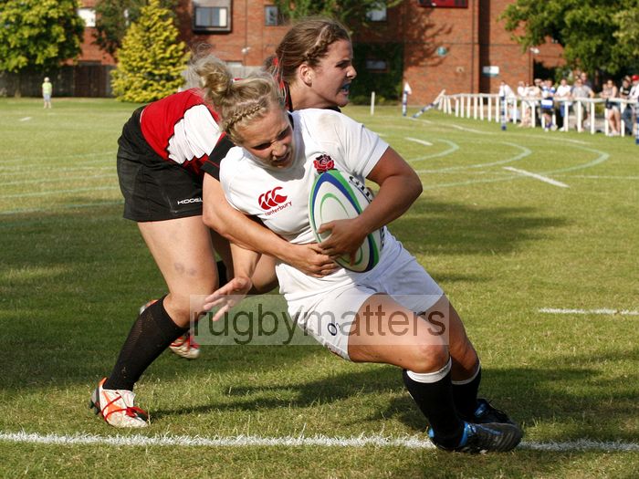 Lauren Chenoweth crosses the line to score a try. England v Canada in the U20's Nations Cup, Trent College, Derby Road, Long Eaton, Nottingham, 14th July 2013, kick off 1700.