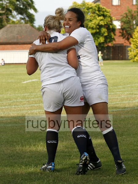 Rochelle Smith celebrates with Lauren Chenoweth on scoring a try. England v Canada in the U20's Nations Cup, Trent College, Derby Road, Long Eaton, Nottingham, 14th July 2013, kick off 1700.