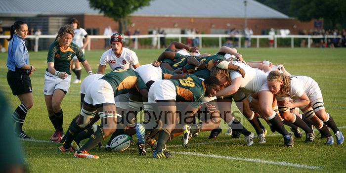 Tayla Kingsey looks for the ball at the back of a scrum. England v South Africa in the U20's Nations Cup, Trent College, Derby Road, Long Eaton, Nottingham, 11th July 2013, kick off 1900.