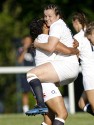 Georgia Peedle celebrates scoring a try with Rochelle Smith. England v South Africa in the U20's Nations Cup, Trent College, Derby Road, Long Eaton, Nottingham, 11th July 2013, kick off 1900.