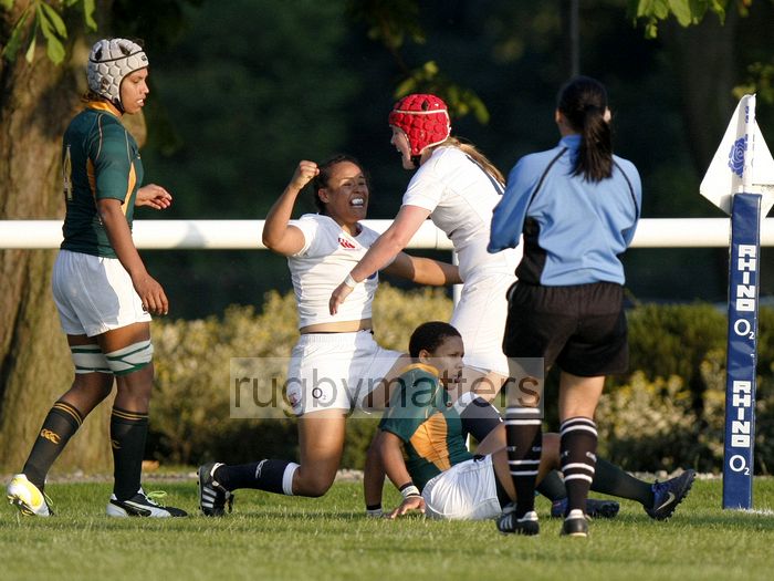 Rochelle Smith shows her delight at scoring a try. England. England v South Africa in the U20's Nations Cup, Trent College, Derby Road, Long Eaton, Nottingham, 11th July 2013, kick off 1900.