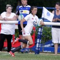Holly Molesworth makes a break and goes on to score a try. England v USA in the U20's Nations Cup, Trent College, Derby Road, Long Eaton, Nottingham, 17th July 2013, kick off 1900.