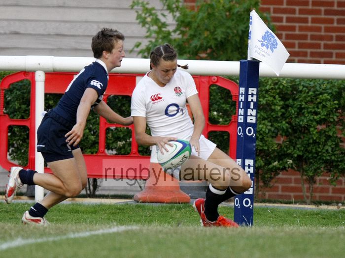 Holly Molesworth goes over the line to score a try. England v USA in the U20's Nations Cup, Trent College, Derby Road, Long Eaton, Nottingham, 17th July 2013, kick off 1900.