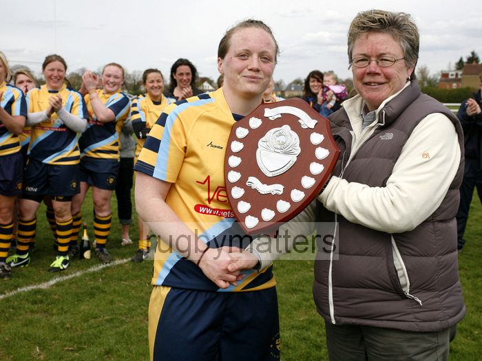 Carol Isherwood presents the Premiership Trophy to Jenny Mills the Worcester Captain. Wasps v Worcester at Twyford Avenue Sports Ground, Twyford Avenue, Acton, London on 28th April 2013 KO 1500.