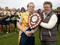 Carol Isherwood presents the Premiership Trophy to Jenny Mills the Worcester Captain. Wasps v Worcester at Twyford Avenue Sports Ground, Twyford Avenue, Acton, London on 28th April 2013 KO 1500.