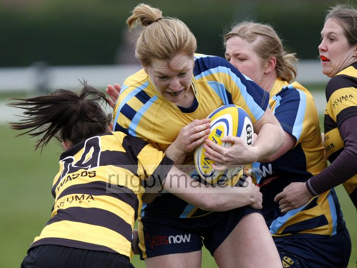 Karen Jones takes the ball nto contact. Wasps v Worcester at Twyford Avenue Sports Ground, Twyford Avenue, Acton, London on 28th April 2013 KO 1500.