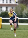 Louise Dennis kicks the ball up field. Wasps v Worcester at Twyford Avenue Sports Ground, Twyford Avenue, Acton, London on 28th April 2013 KO 1500.