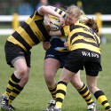Pippa Crews takes on the Wasps defence. Wasps v Worcester at Twyford Avenue Sports Ground, Twyford Avenue, Acton, London on 28th April 2013 KO 1500.