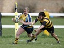 Pippa Crews crosses the line to score the fifth try for Worcester, ensuring a bonus point win and securing the Premier League title. Wasps v Worcester at Twyford Avenue Sports Ground, Twyford Avenue, Acton, London on 28th April 2013 KO 1500.