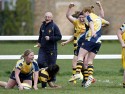 Pippa Crews scores the fifth try for Worcester, ensuring a bonus point win and securing the Premier League title. Wasps v Worcester at Twyford Avenue Sports Ground, Twyford Avenue, Acton, London on 28th April 2013 KO 1500.