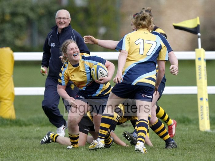 Pippa Crews celebrates scoring the fifth try for Worcester, ensuring a bonus point win and securing the Premier League title. Wasps v Worcester at Twyford Avenue Sports Ground, Twyford Avenue, Acton, London on 28th April 2013 KO 1500.