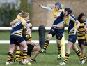 Pippa Crews and the rest of the team celebrate her scoring the fifth try for Worcester, ensuring a bonus point win and securing the Premier League title. Wasps v Worcester at Twyford Avenue Sports Ground, Twyford Avenue, Acton, London on 28th April 2013 KO 1500.