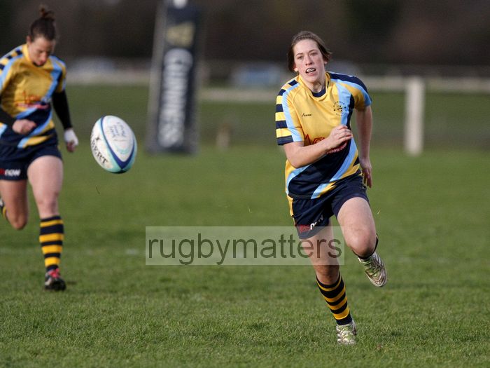Meg Goddard chases the ball. Worcester v Bristol at Sixways, Worcester on 9th December 2012.