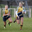 Ceri Large in action with Heather Fisher in support. Worcester v Bristol at Sixways, Worcester on 9th December 2012.