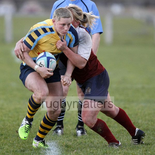 Heather Fisher tackled by Izzy Noel-Smith. Worcester v Bristol at Sixways, Worcester on 9th December 2012.