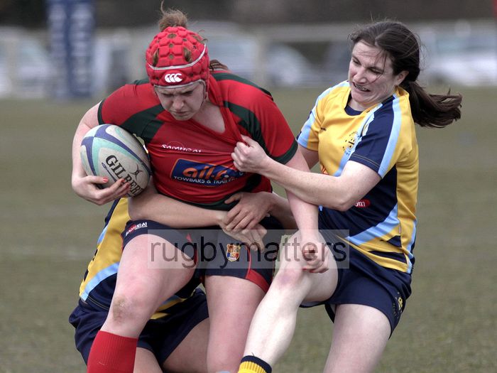 Harriet Millar-Mills tackled by Samantha Bree. Worcester v Lichfield at Sixways, Pershore Lane,  Hindlip, Worcester on 7th April 2013 KO 1430.