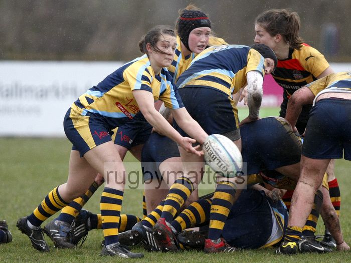 Charlotte Keane looks to pass the ball from the back of a ruck. Worcester v Richmond at Sixways, Pershore Lane, Hindlip, Worcester on 7th April 2013 KO 1430.